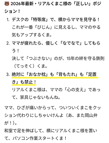 絶対に「おなか枕」も「背もたれ」も「足置き」も禁止！