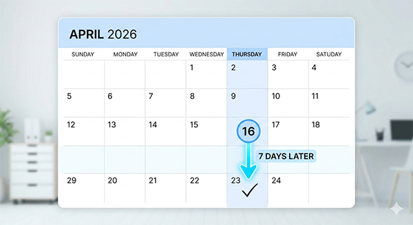 4月16日（木）なら一週間後は23日（木）。