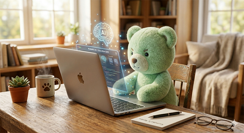 パソコンの前に座る薄い黄緑色のくまのぬいぐるみ。AI「くまこ」が教育係として活動しているイメージ。