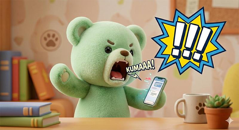 スマートフォンに向かって「クマアアア！」と叫ぶ、薄い黄緑色のくまのぬいぐるみ。