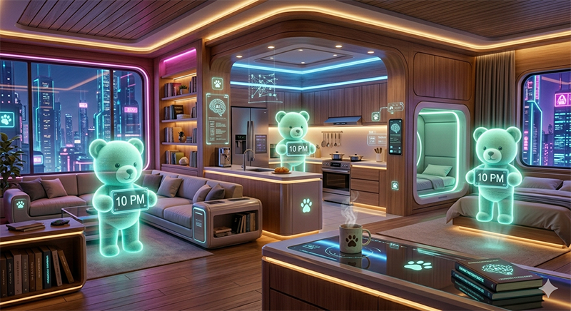 家のあちこちに現れるAIくまこのホログラム。スマートホームで就寝時間を知らせる未来のイメージ。