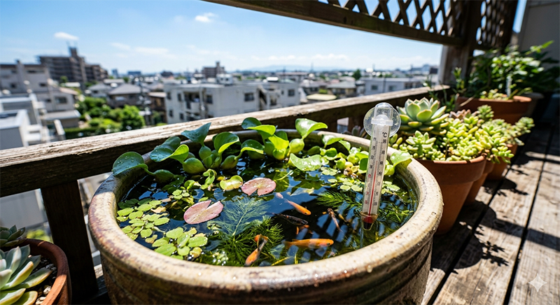 夏の強い日差しに照らされるベランダのビオトープと、水温計が36度を指しているイメージ。