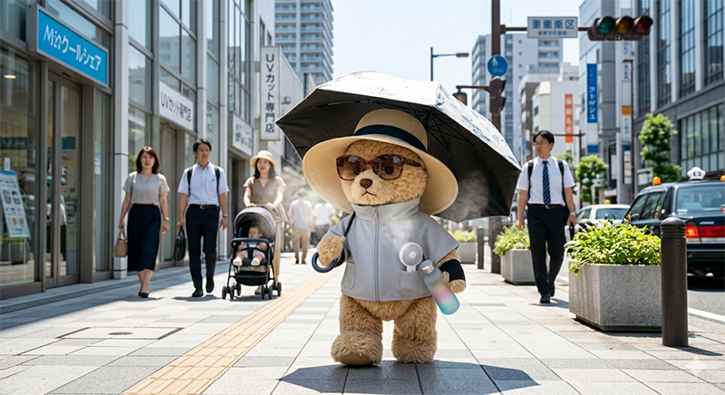 完全遮光の日傘、幅広の帽子、サングラス、UVカット上着を装備した外出イメージ。
