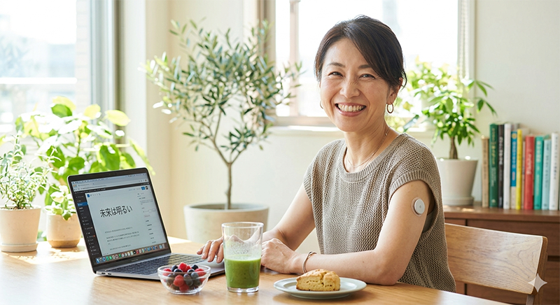 明るいキッチンで、業スーおからパウダーを使ったスコーンやスムージーを前に、若々しく生き生きとした笑顔を見せる中年女性。二の腕にはCGM（持続血糖測定器）センサーを装着し、健康管理と明るい未来を楽しんでいるイメージ。