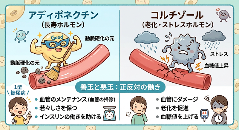 アディポネクチン（長寿ホルモン）とコルチゾール（老化・ストレスホルモン）の働きを比較した親しみやすいイラストのインフォグラフィック。左側ではアディポネクチンが血管を掃除し、若々しさを保つ善玉として描かれ、右側ではコルチゾールがストレスにより血管へダメージを与える悪玉として描かれている。