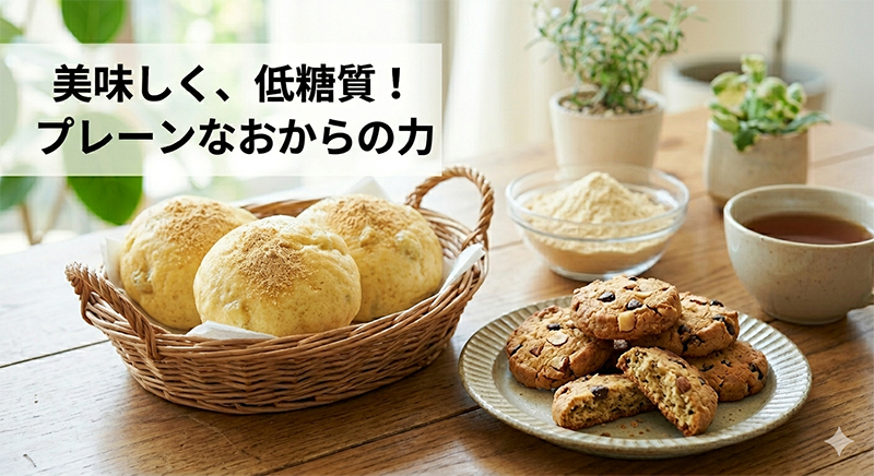 明るい自然光の差し込むキッチンで、業務スーパー風のおからパウダー、緑黄色野菜（ブロッコリーやパプリカ）、美味しそうなおからスコーンがテーブルに並んでいる、健康と若返りをイメージしたアイキャッチ画像。