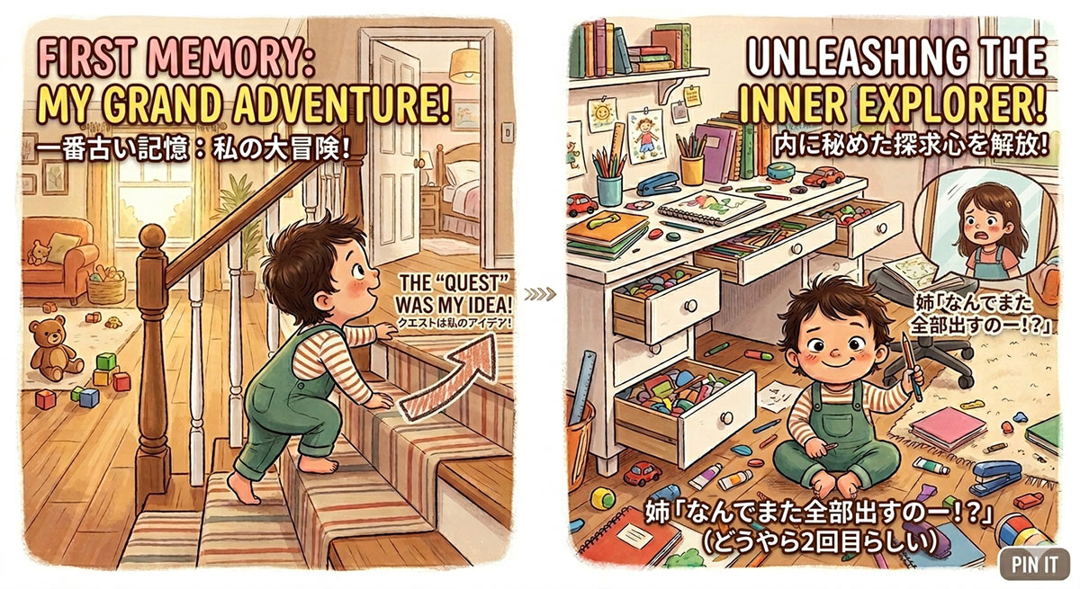 1階から2階へ階段を登り「クエスト」に向かう2歳の幼児と、その後、お姉ちゃんの机の引き出しを開けて文房具を全部出し、満足そうに微笑む子供の2分割イラスト。