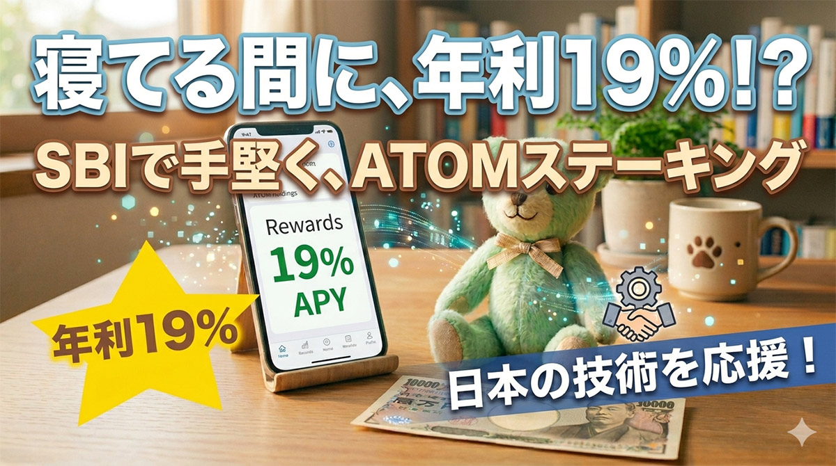 寝てる間に年利19%！？と書かれた、SBI VCトレードでのATOMステーキングを解説するブログのアイキャッチ画像。机の上にSBIの取引画面が表示されたスマートフォン、可愛い薄緑色のクマのぬいぐるみ、1万円札が置かれ、温かい雰囲気の中でデジタルな光の粒子が舞っている写真。日本のエンジニア応援の要素も含まれる。