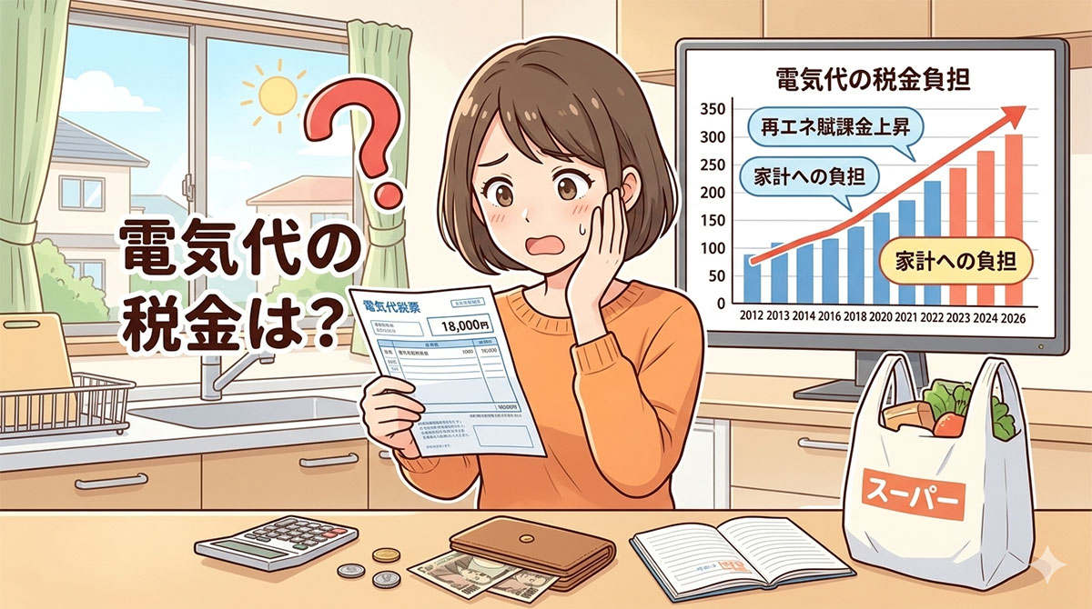 電気代の請求書（明細）を見て、あまりの高額さに頭を抱えてショックを受けている女性（ママ世代）のイラスト。