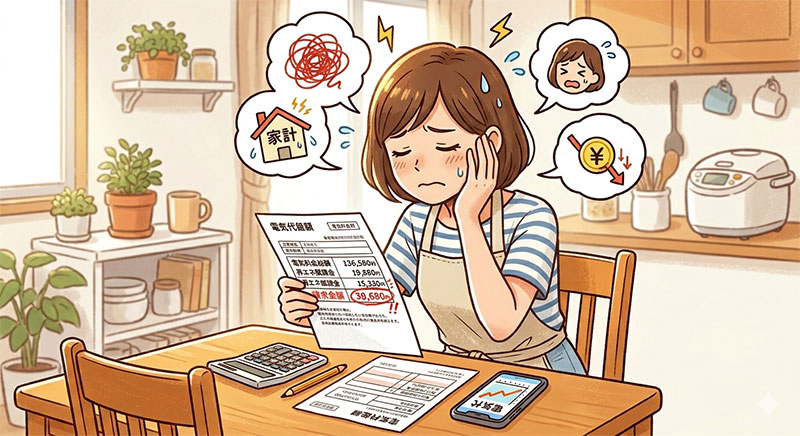 電気代の高騰に悩む主婦のイラスト