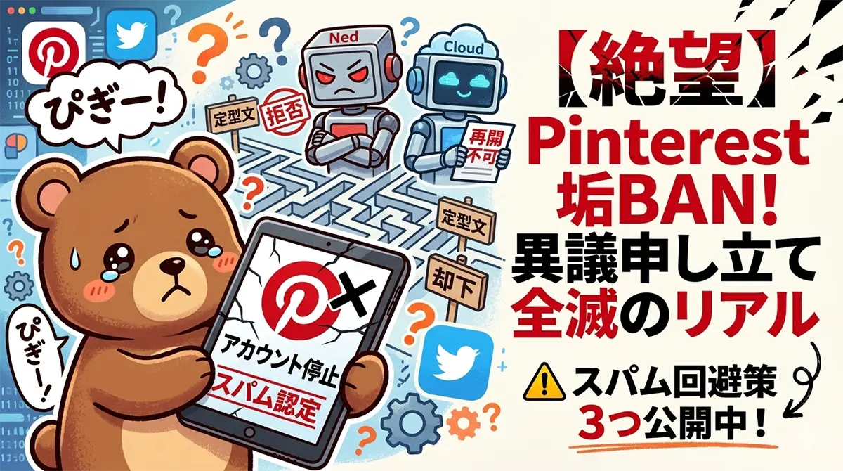 Pinterestのアカウント停止（スパム認定）に絶望するくまのイラストと、冷酷なAIロボットの門番、ブログ記事タイトルの文字入れアイキャッチ画像