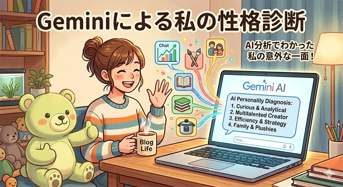 机に向かう女性とGemini AIが会話しており、画面には好奇心、分析、クリエイター、家族といった性格診断結果が表示され、過去のチャット履歴からアイコンが生成される様子。