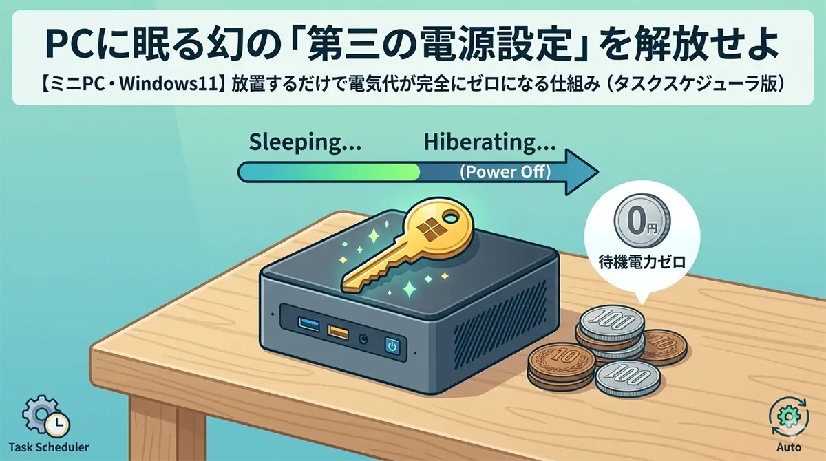 のデスクの上に置かれたミニPCと、その上で光り輝く金色の鍵。背景には「PCに眠る幻の『第三の電源設定』を解放せよ」というタイトルと、スリープから休止状態へ自動移行するプログレスバー、待機電力ゼロを意味する0円コインのイラスト。