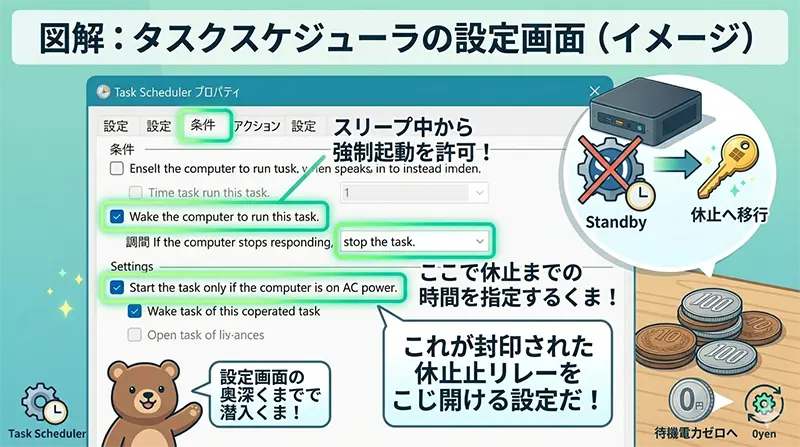  タスクスケジューラでスリープから休止状態へ自動移行する設定画面のイメージ