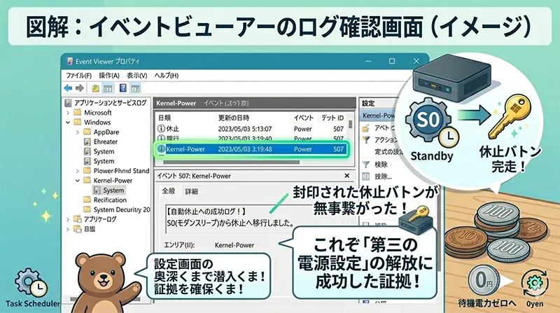 WindowsのイベントビューアーでKernel-Powerのログを確認している様子