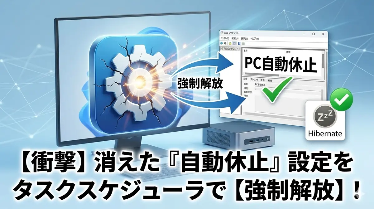 Windows11のパソコン画面にタスクスケジューラでPC自動休止を強制解放する文字が入ったブログ用アイキャッチ画像