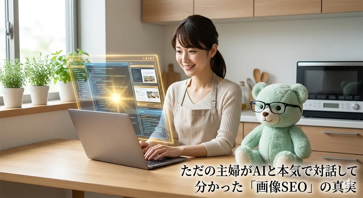 ノートパソコンの前で主婦とパステル黄緑色のくまのぬいぐるみがAIの画像認識データを一緒に検証している様子。