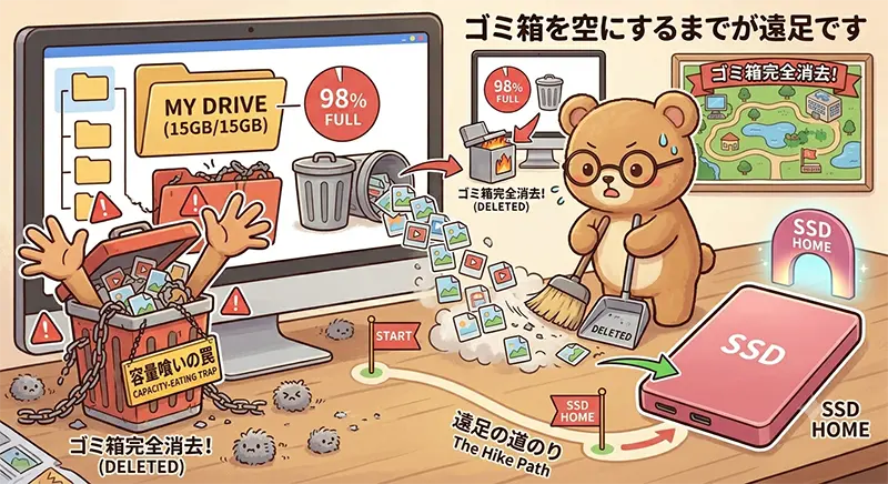 Googleフォトのゴミ箱を空にしてSSDへ完全移動する様子