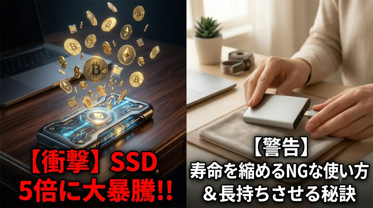 AI需要で価格が高騰する外付けSSDのイメージと、パソコンの電源を切ってからUSBケーブルを優しく取り外す作業の様子。