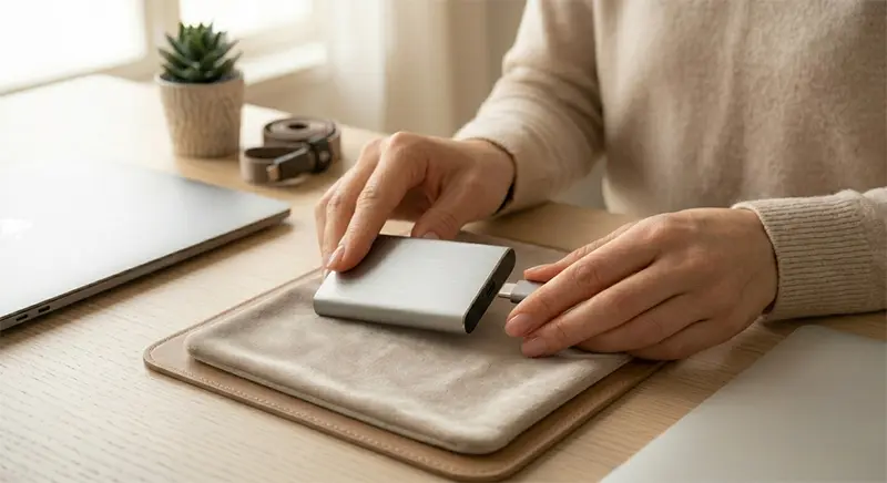 パソコンの電源を切ってから安全に外付けSSDを抜く様子