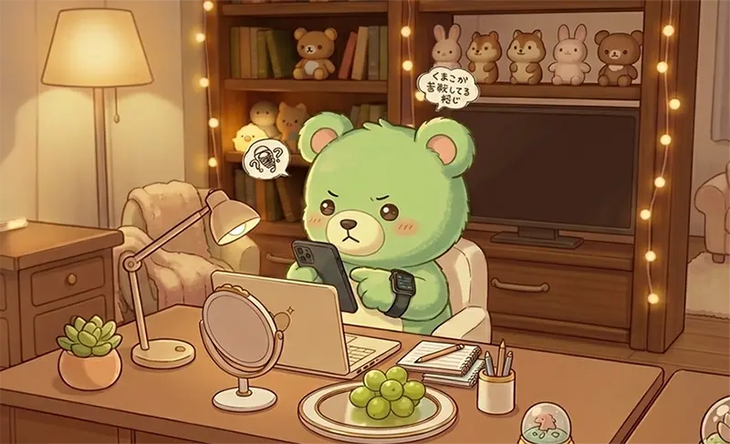 スマートウォッチとスマートフォンの連携操作に苦戦する、薄い黄緑色のくまのぬいぐるみキャラクター「くまこ」のイラスト