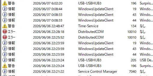 イベントビューアー内、Windows Updateの表記がある