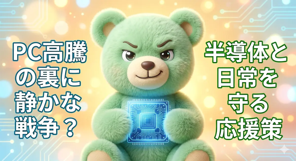 光る半導体チップを自信満々に持っている、薄い黄緑色のもふもふなクマのぬいぐるみのイラスト