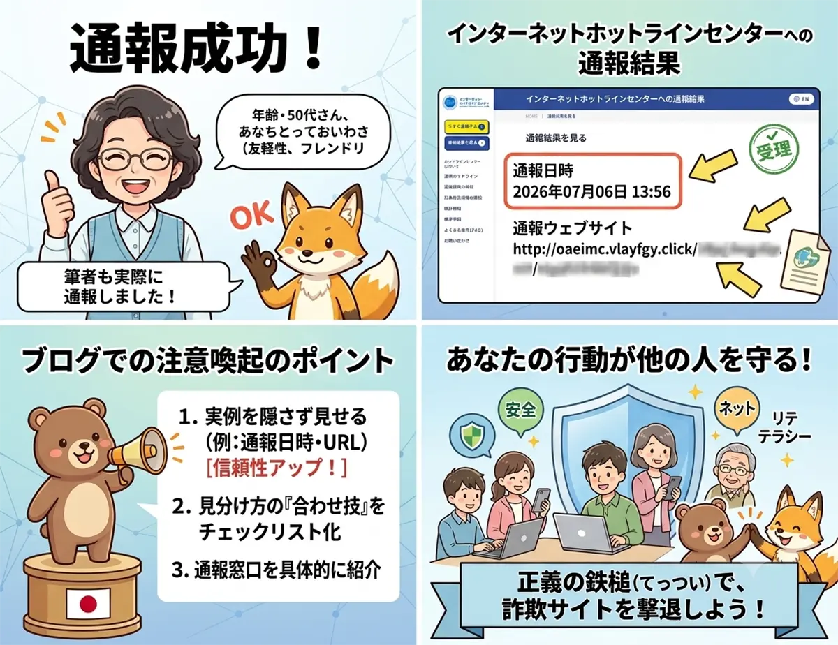 詐欺サイトへの通報成功を伝える4コマ風の解説イラスト。インターネット・ホットラインセンターへの実際の通報日時やURLを公開することによる信頼性アップ、見分け方のチェックリスト化など、ブログで注意喚起する際のポイントをわかりやすく図解。