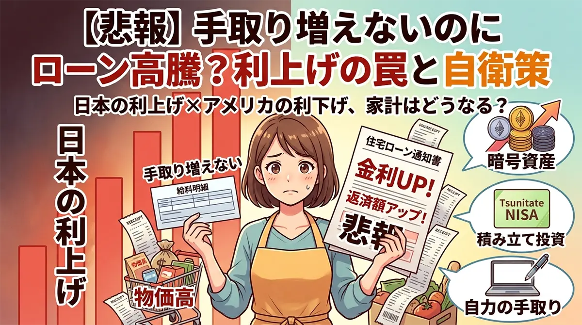 日本の利上げとアメリカの利下げによる住宅ローン上昇や手取りが増えない悩みに困惑する主婦と、暗号資産やブログなどの自衛策を描いたイラスト