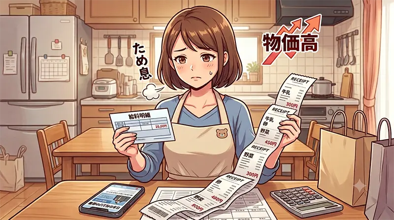 給料明細と上がっていく物価のレシートを見比べて溜め息をつく主婦のイラスト