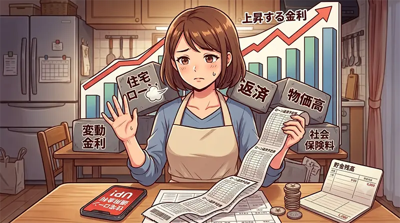 上昇する金利のグラフと重いローン負担に押しつぶされそうな家計のイメージ画像