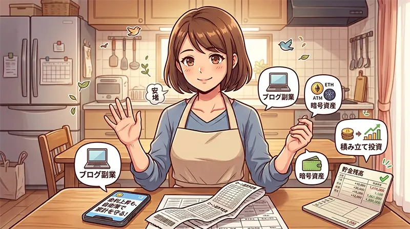 自宅のパソコンでブログを書きながら笑顔で家計を守る主婦のイラスト