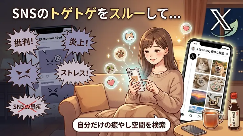 SNSのトゲトゲした投稿から目をそらしスマホで検索している人のイラスト