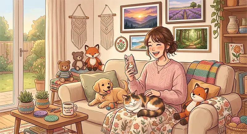 可愛いペットやハンドメイド作品、綺麗な風景写真に囲まれて笑顔でスマホを見る人のイラスト