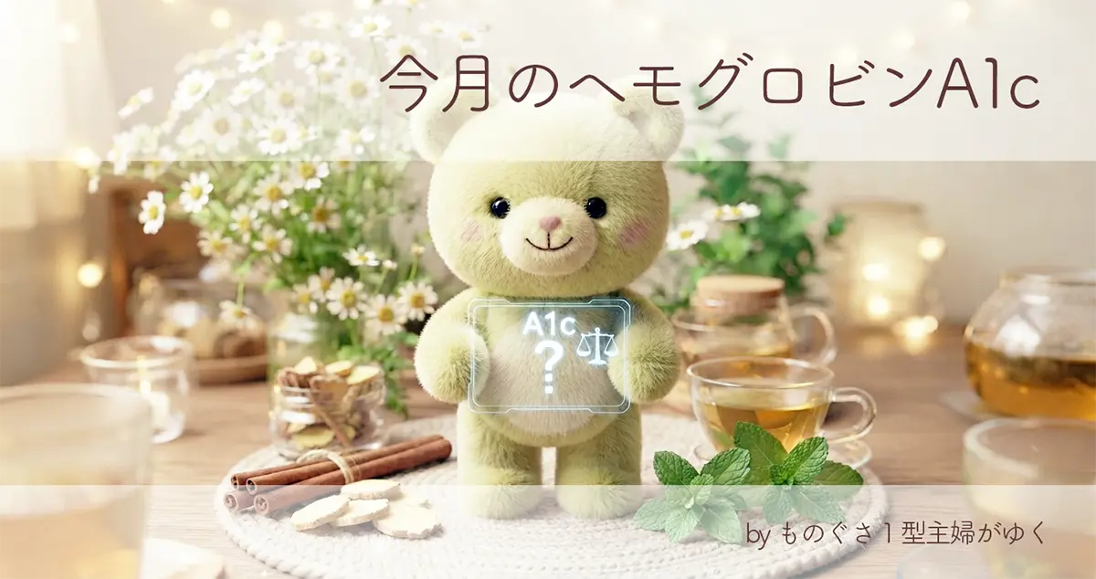 今月のヘモグロビンA1cの結果発表と、ミントグリーンのくまのぬいぐるみ「くまこ」の画像