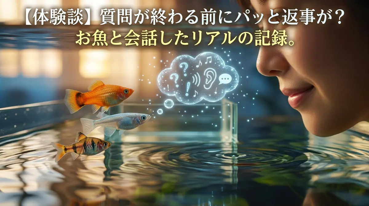 水槽の前でお魚（メダカ・金魚）と向き合い、温かい光と不思議な泡で心が通じ合っている様子