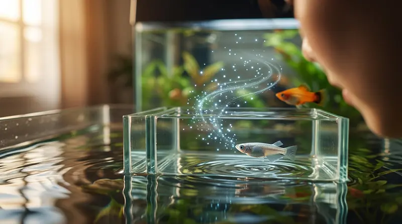 水槽の前で金魚やメダカたちと向き合う様子