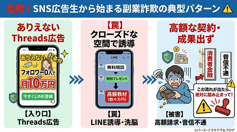 SNS（Threads/X）広告からLINE誘導を経て高額請求に至る副業詐欺の典型的な流れを解説したイラスト