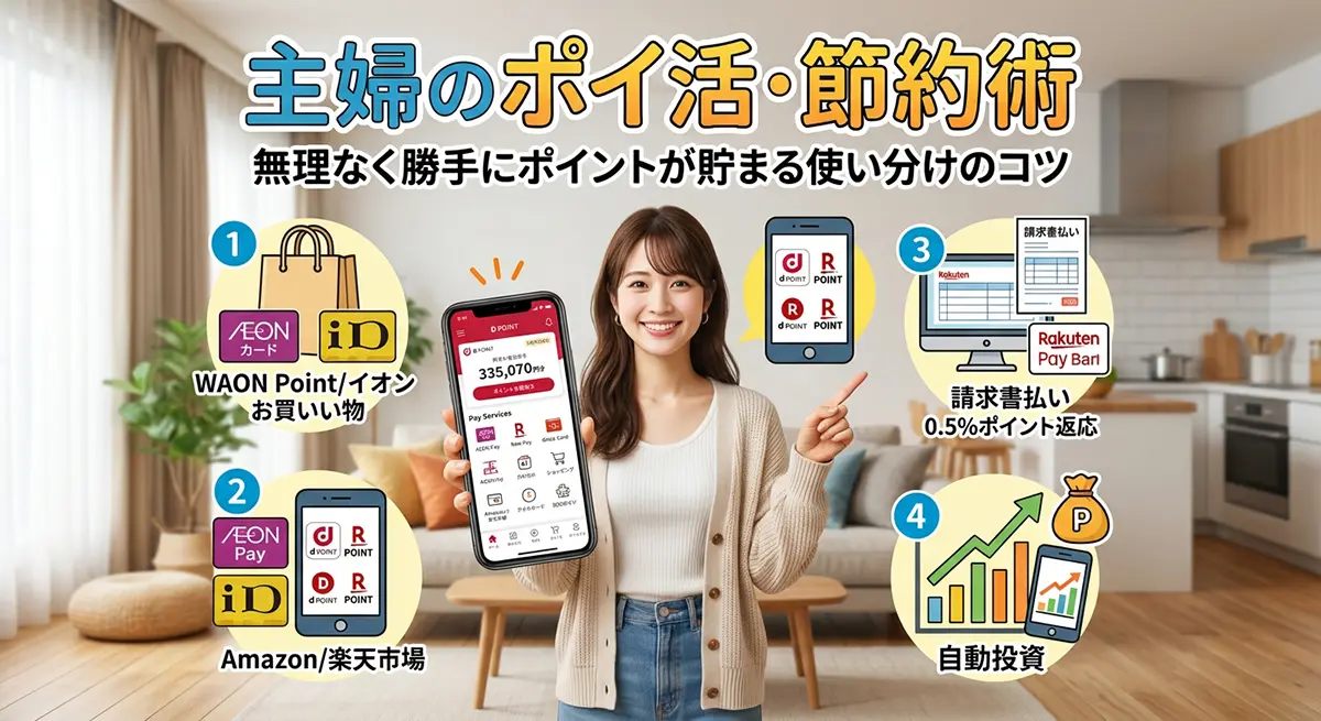 【主婦のポイ活・節約術】無理なく勝手にポイントが貯まる使い分けのコツのアイキャッチ画像。日用品やネット通販、公共料金のポイント還元ルールが図解されているイラスト