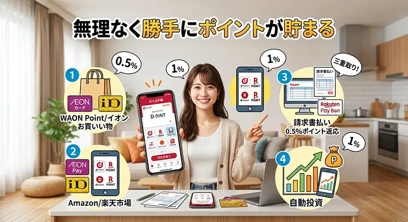 スマートフォンでポイントアプリやクレジットカード決済を利用して賢くポイ活をしているイメージ画像