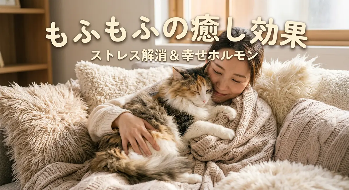 こたつやソファで、柔らかくてもふもふした長毛の三毛猫を愛おしそうに抱きしめ、癒やされている女性の様子。温かみのあるリラックスした室内。