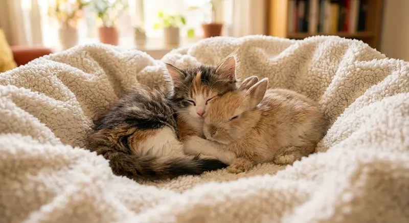 丸くなってすやすやと気持ちよさそうに眠るもふもふした小さな子猫とうさぎの画像