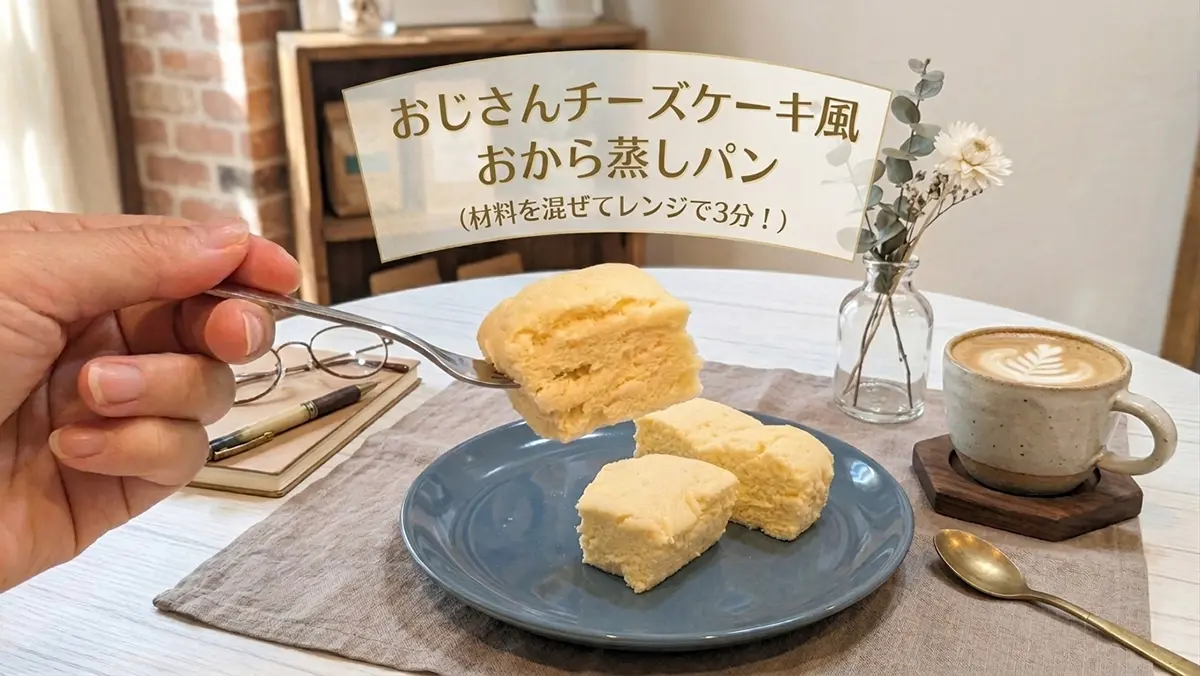 レンジ3分で作る「りくろーおじさん風」低糖質おからケーキ。カフェ風のお皿にのせてフォークで持ち上げたカット画像