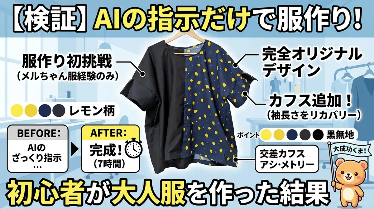 AIの指示だけで服作りに初挑戦した検証結果をまとめた図解アイキャッチ画像。完成したアシンメトリーシャツの写真と7時間の製作プロセスが記載されている