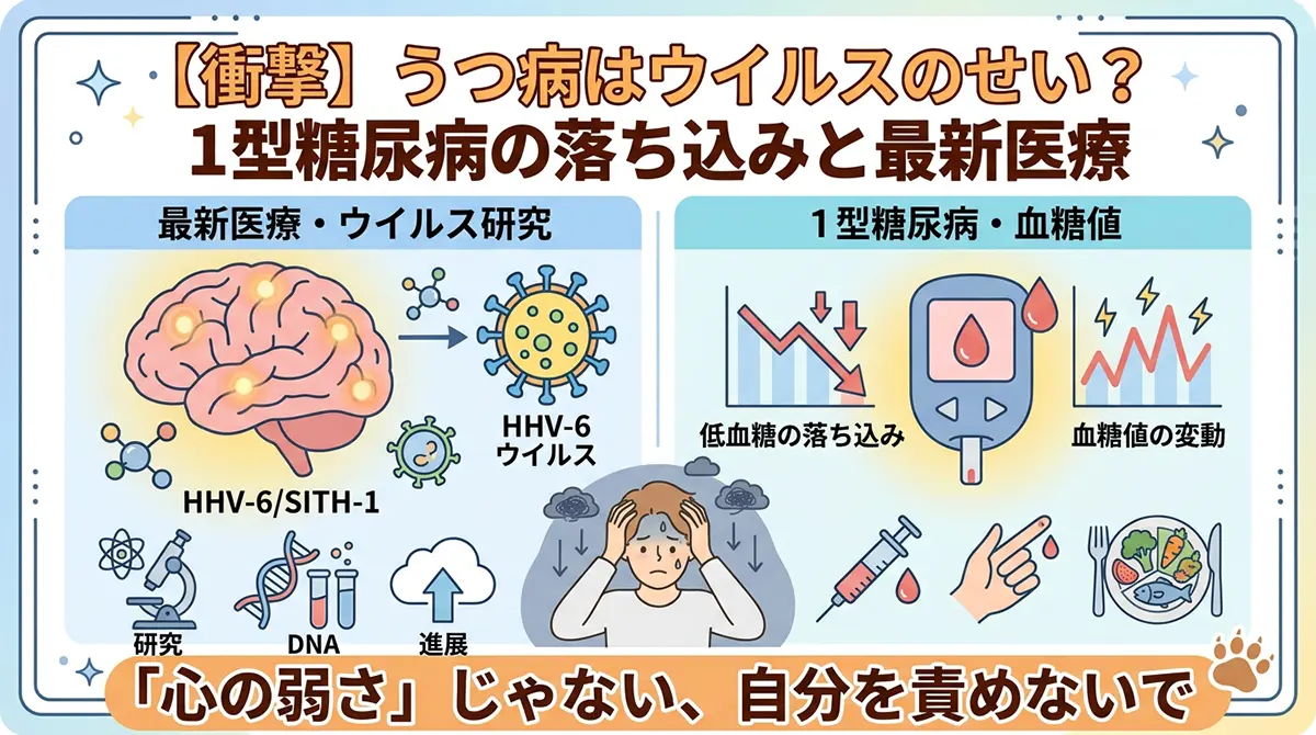【衝撃】うつ病はウイルスのせい？1型糖尿病の落ち込みと最新医療の図解イラスト