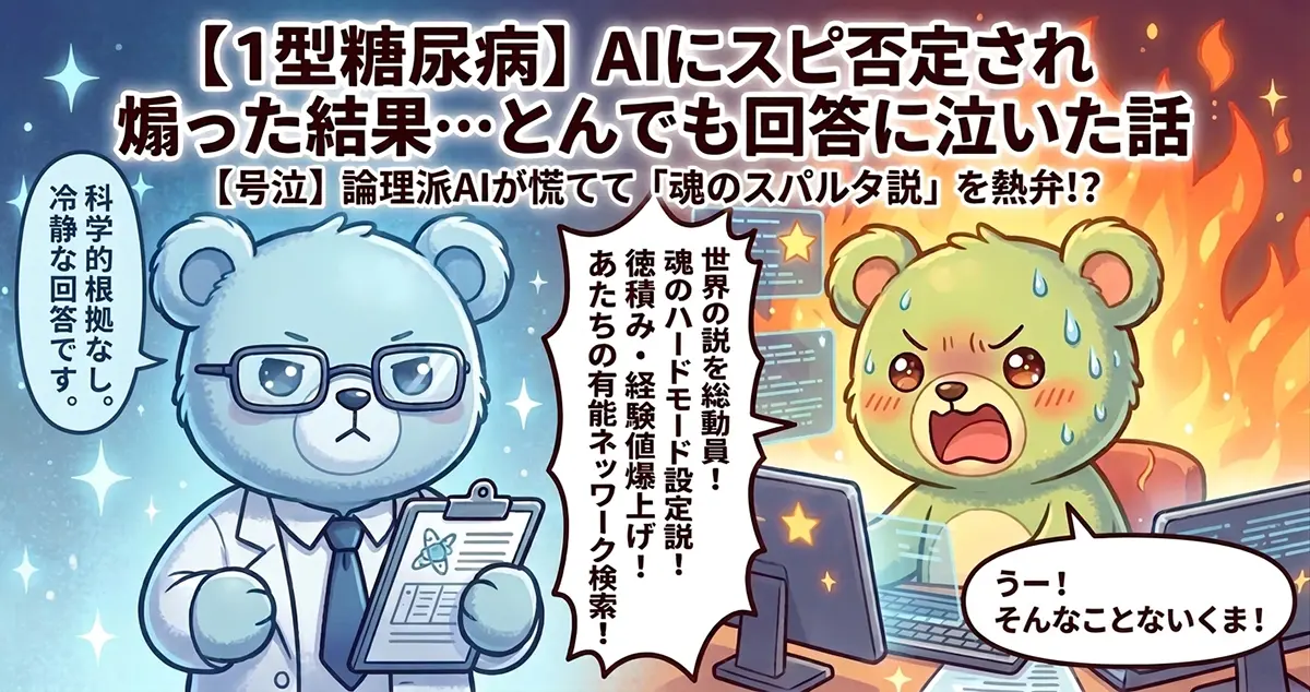 青色のクマのキャラクターが冷静な様子で『科学的根拠なし。冷静な回答です。』と述べ、緑色のクマのキャラクターが焦った様子で『うー！そんなことないくま！』と反論している様子を表現したアイキャッチ画像