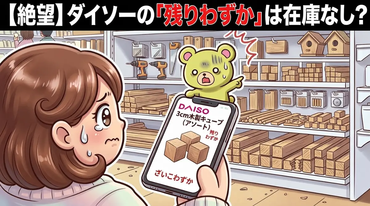 ダイソーアプリの在庫残りわずか表示に驚くキャラクターのイラスト