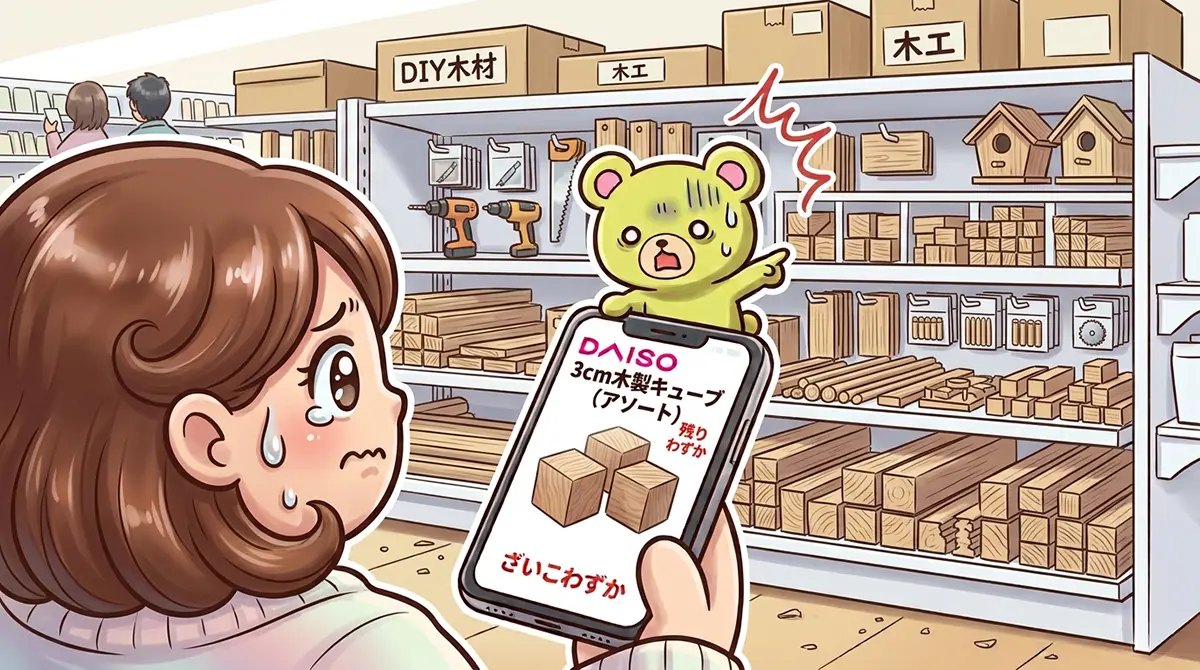 ダイソーアプリの在庫残りわずか表示に驚くキャラクターのイラスト