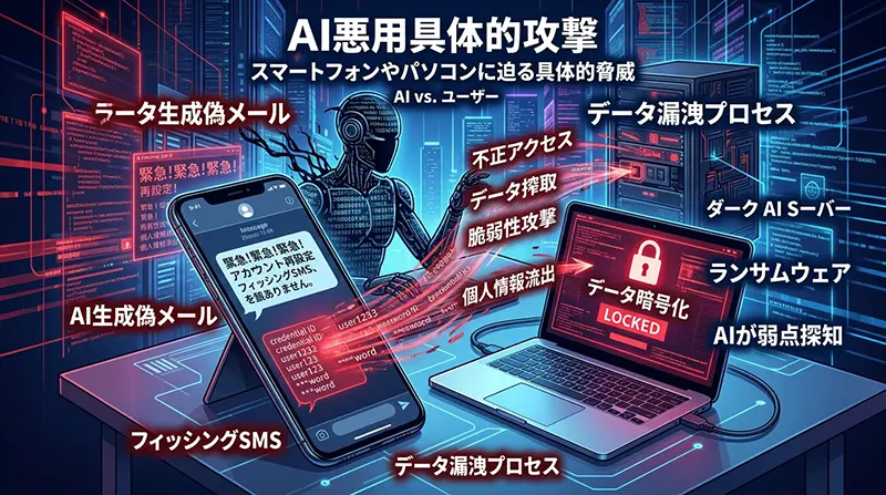 スマートフォンやパソコンに迫るサイバー攻撃のイラスト