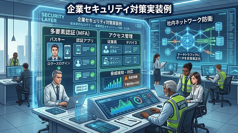 企業が導入するパスキーや多要素認証などのセキュリティ対策のイメージ